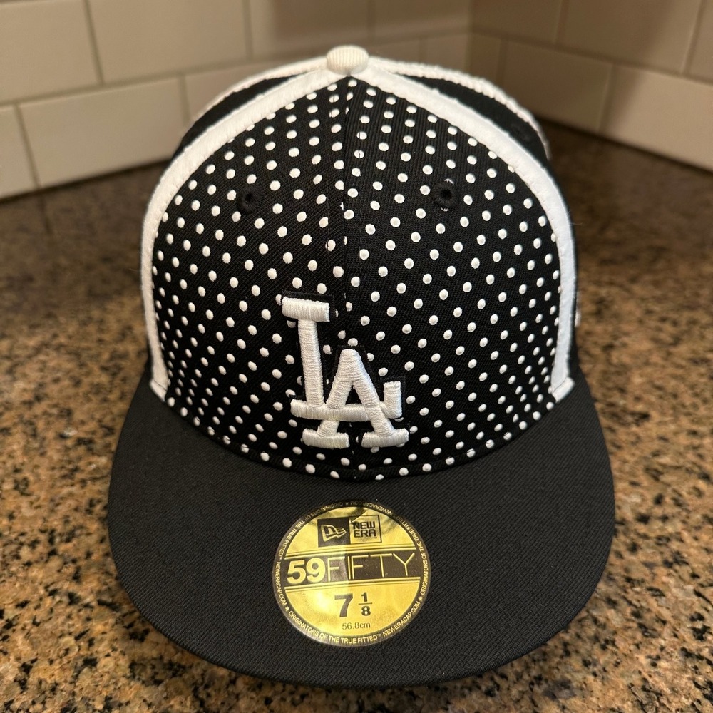 Los Angeles Dodgers New Era 59FIFTY Hat Men's 7 1/8 Black White Polka Dot Wool